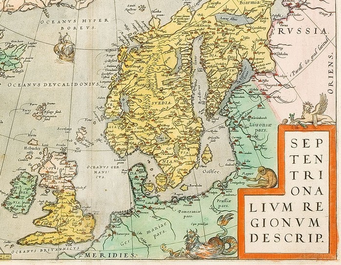 Antique Latin map of Northern Europe showing Scandinavia, the British Isles, and surrounding seas with decorative sea creatures and ships. Antique Latin map of Northern Europe showing Scandinavia, the British Isles, and surrounding seas with decorative sea creatures and ships.