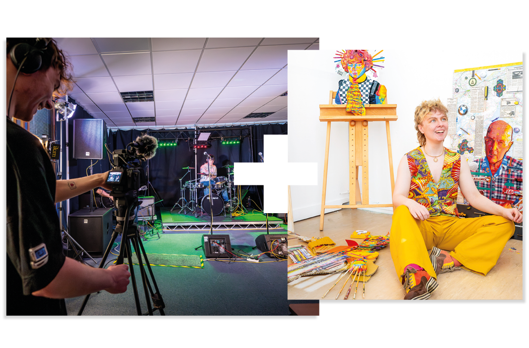 Collage of 2 | Student filming in a studio | Student sitting next to their paintings