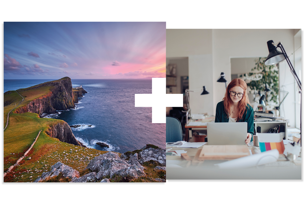 Collage of 2 | Neist point lighthouse | Student working at a computer