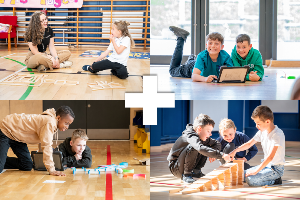 Collage of four images of pupils and coordinator during STEM sessions