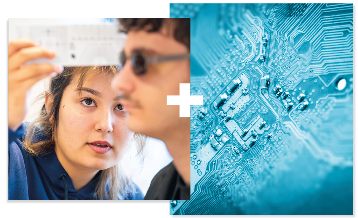 Collage of 2. A student working in a laboratory and an image of coral in the sea Collage of 2. A student working in a laboratory and an image of coral in the sea