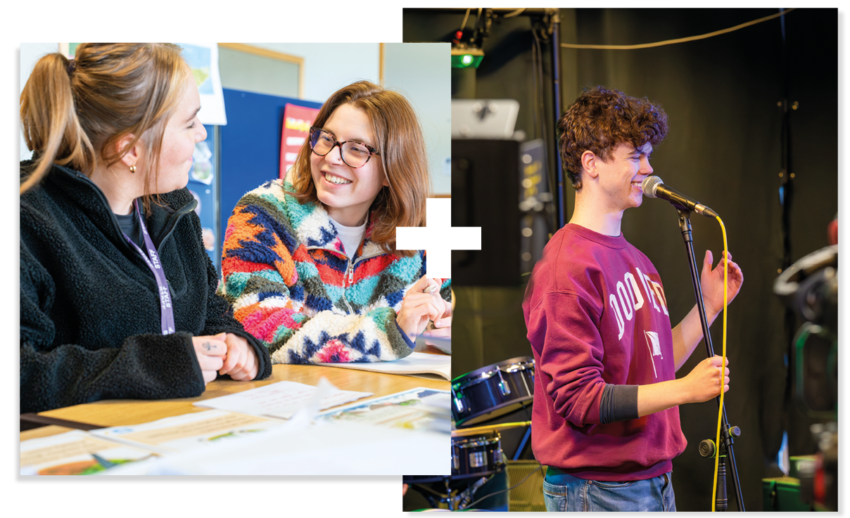 Collage of 2. Two students talking a table  A student talking into a microphone