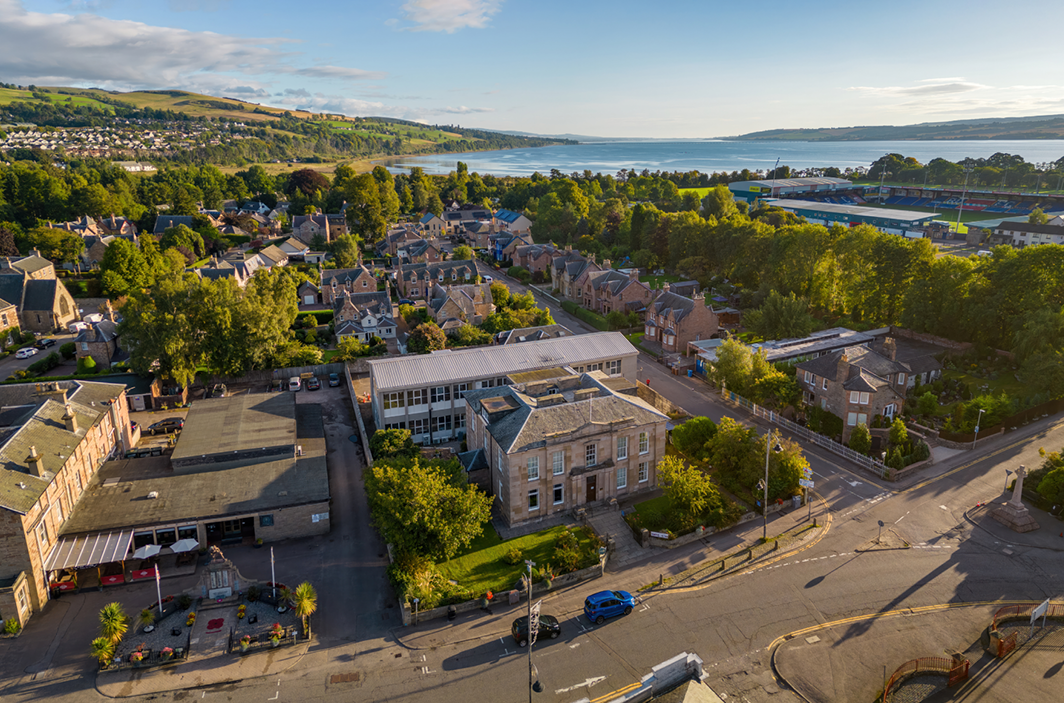 Aerial image of HTC building in Dingwall