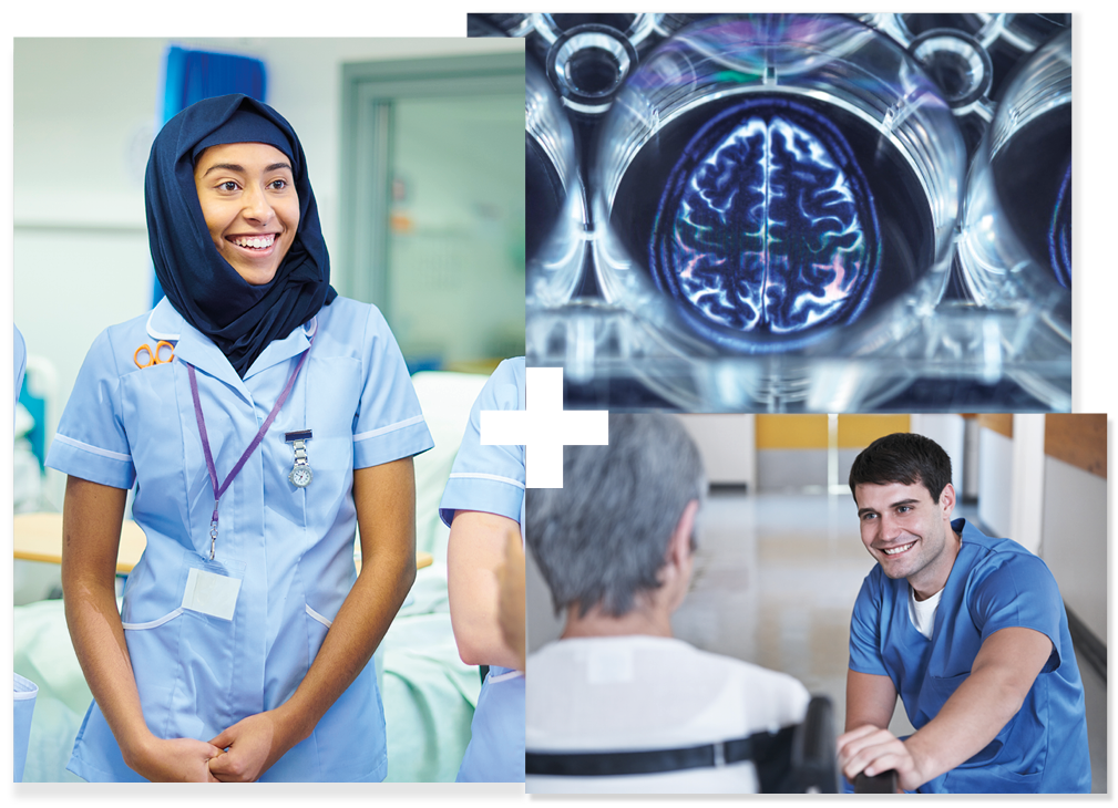 Healthcare professional in a hospital | Healthcare professional talking to a client | Scan of a human brain