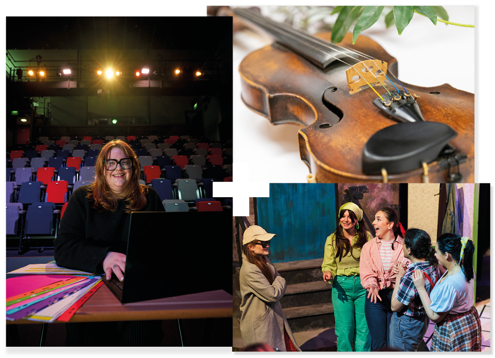Collage of 3 | Student working at a laptop in a theatre | Close-up of a violin | Students performing in a musical