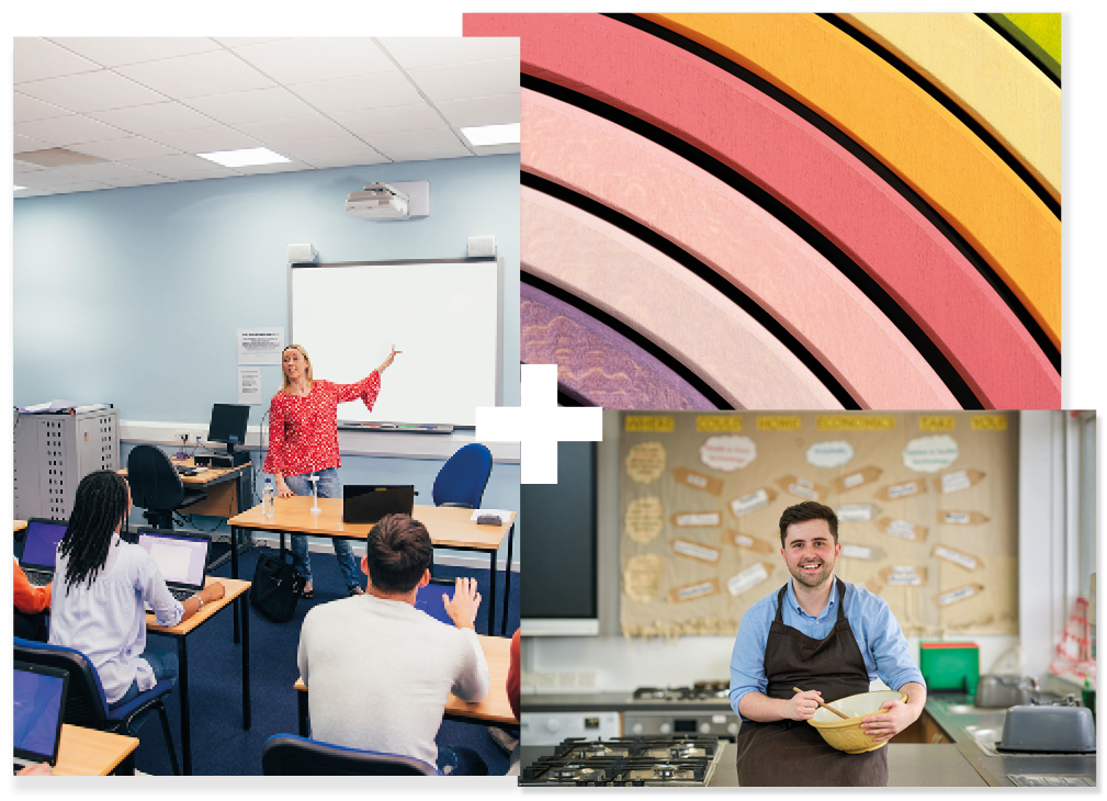 Collage of 3 | Teacher in a classroom | Close-up of a colourful toy | Teacher in a home economics classroom