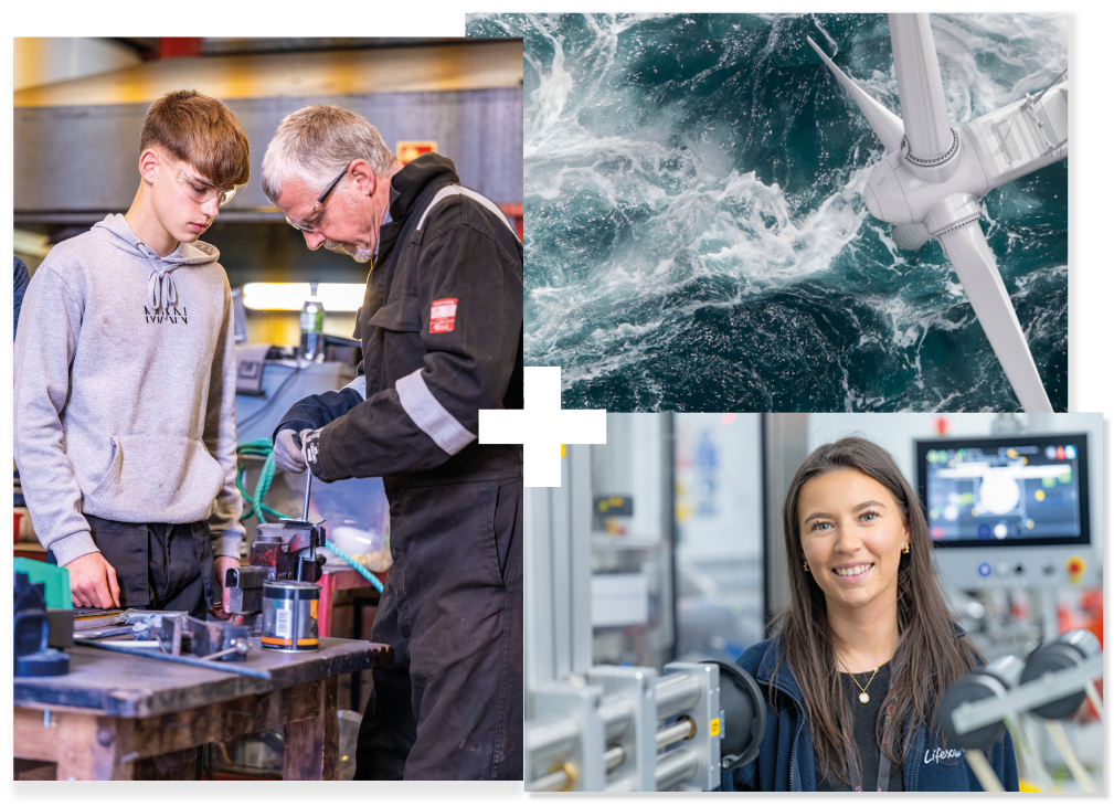 Collage of 3 | Windmill in the sea | A lecturer teaching an engineering student | An engineer at work
